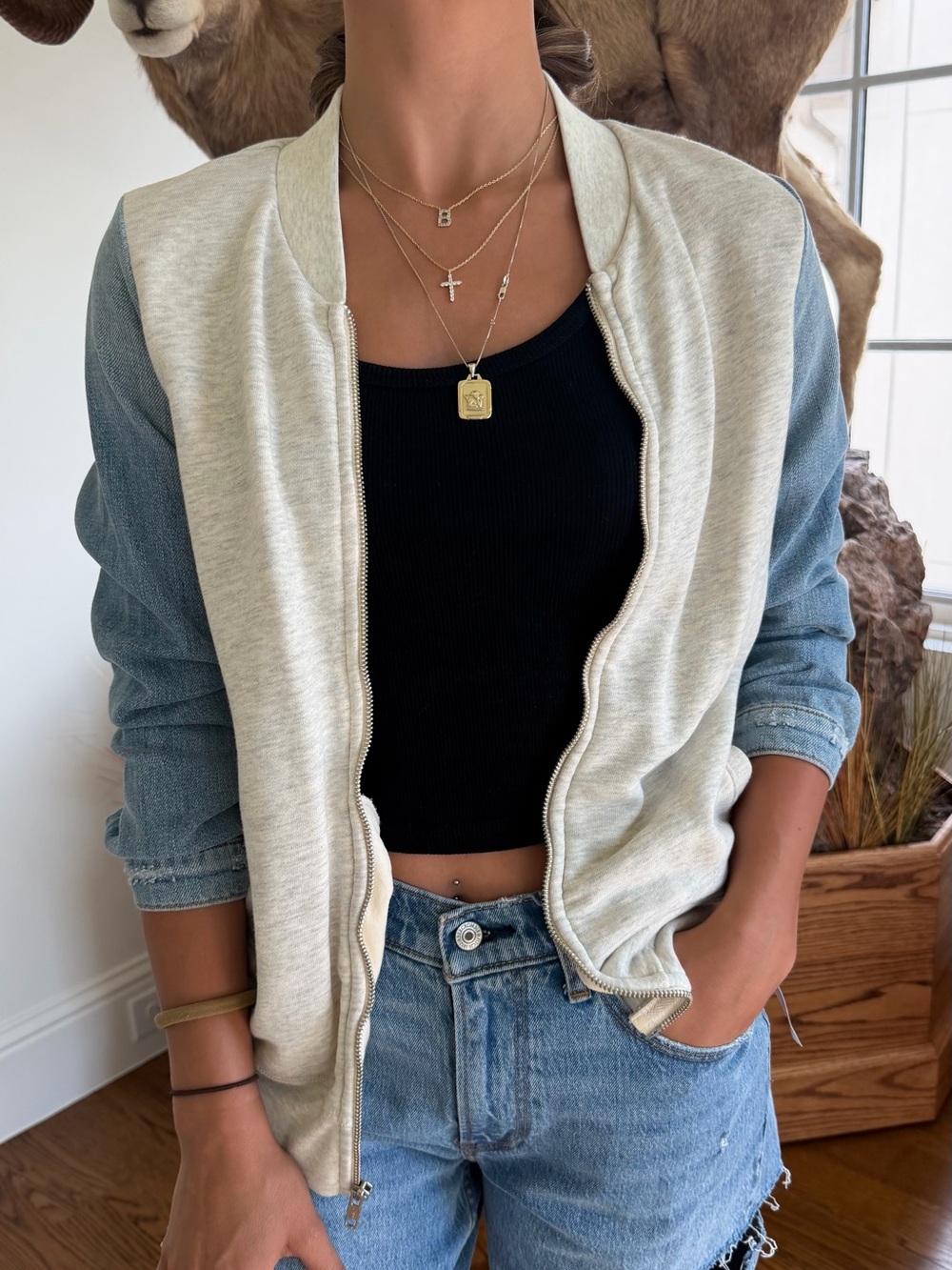 nwt NSF knit bomber with denim sleeve, M